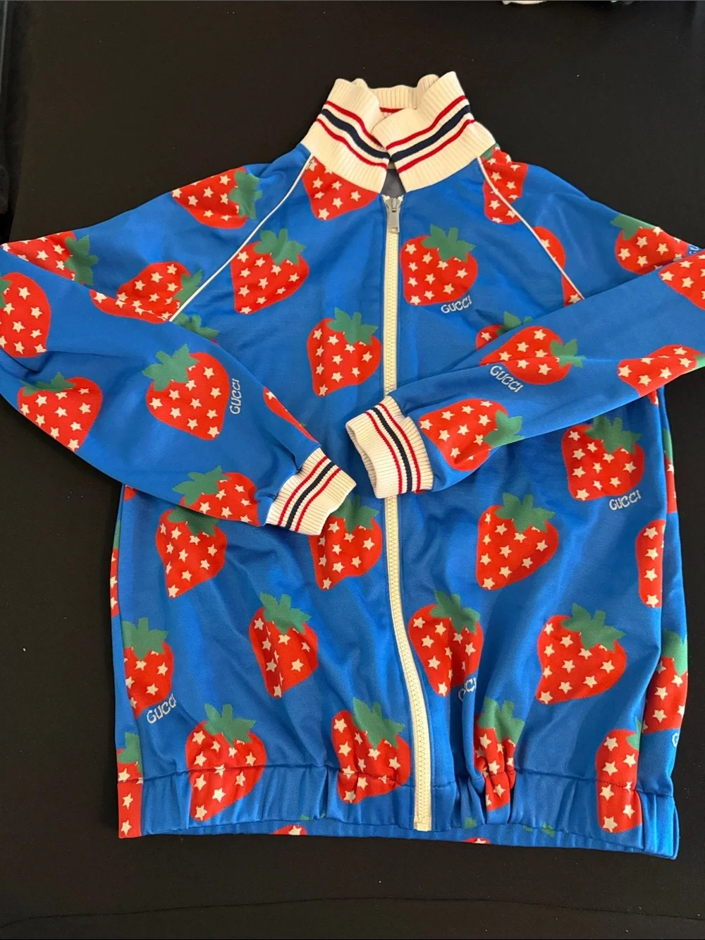 Gucci Kids Blue Jacket with Red Strawberry Print